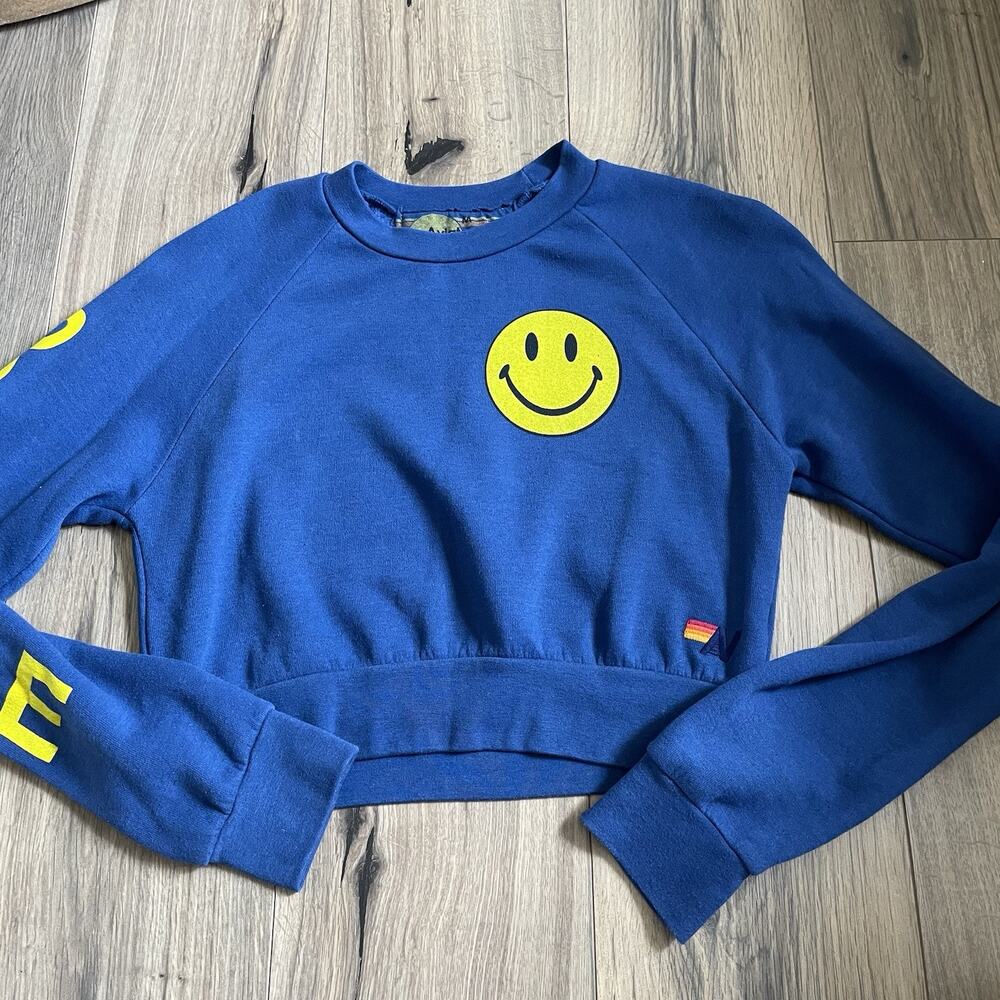 Aviator Nation SoulCycle Size Medium Smiley Face Crop Sweatshirt Blue Crewneck